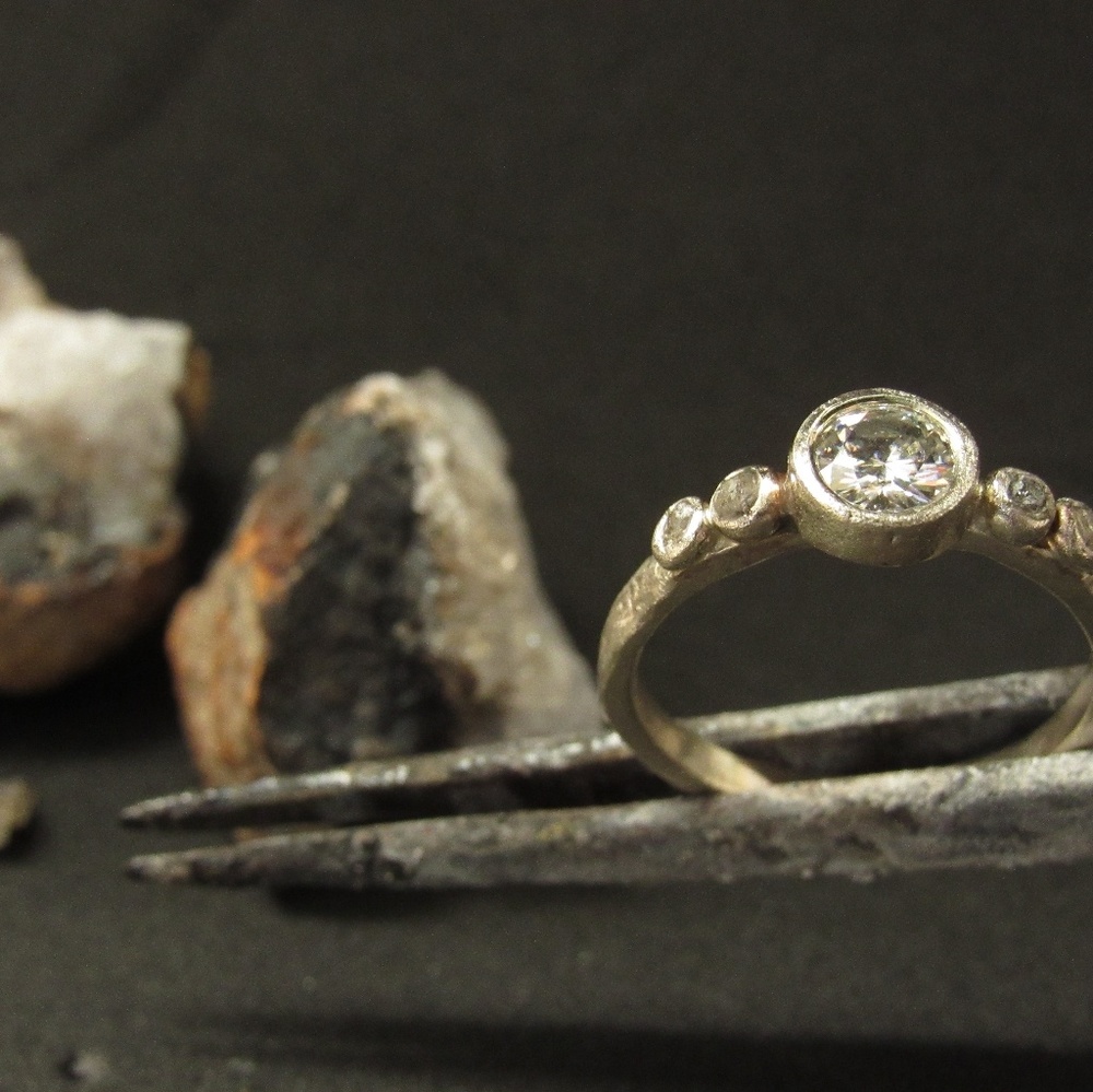 14K Yellow Gold Moissanite Ring with Diamonds – Handmade Engagement Band